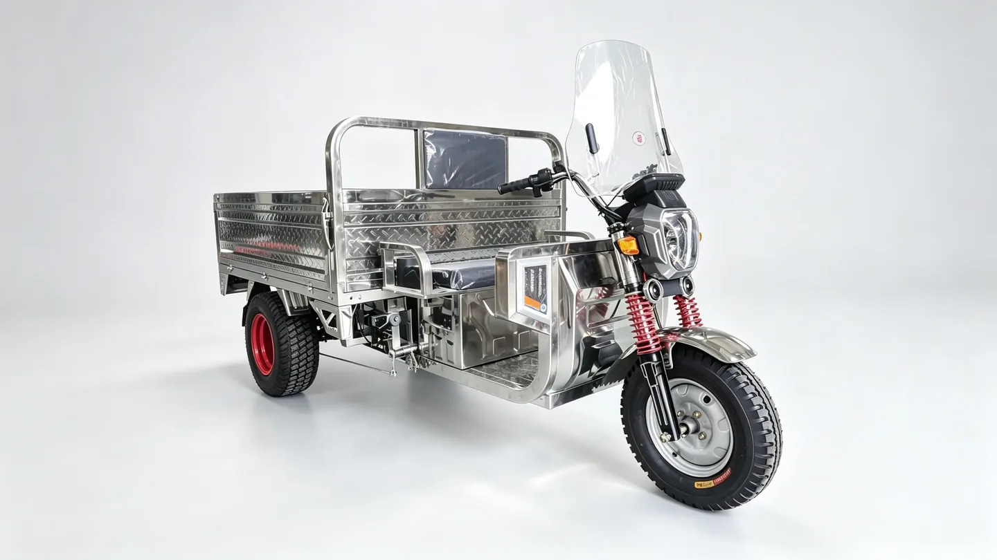 T1800-S-D stainless steel hydraulic tipping cargo tricycle, left front view