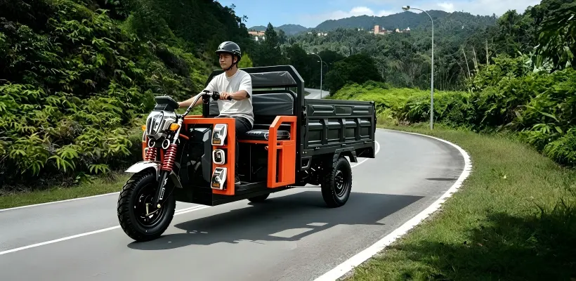 Test riding a cargo tricycle on a Malaysian road